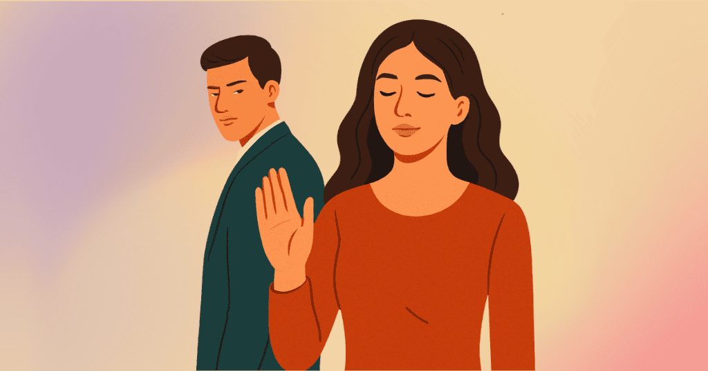 An illustration of a woman standing confidently with one hand up in a "stop" gesture, facing forward with her eyes closed, while a man in a suit stands behind her, looking over his shoulder with a displeased expression.