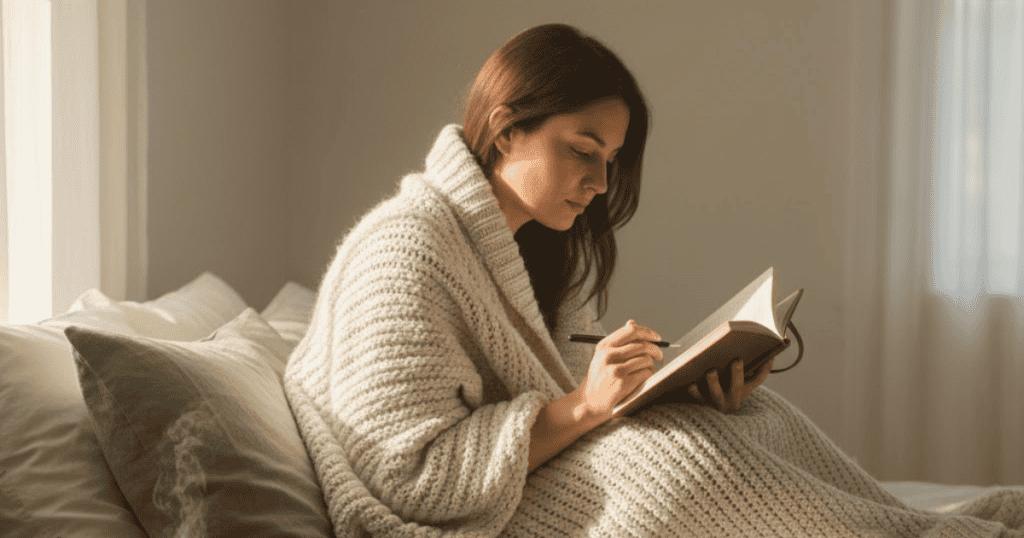 A woman wrapped in a blanket sits in a sunbeam on her bed, thoughtfully writing in a journal, reflecting on essential advice for survivors working through their past.
