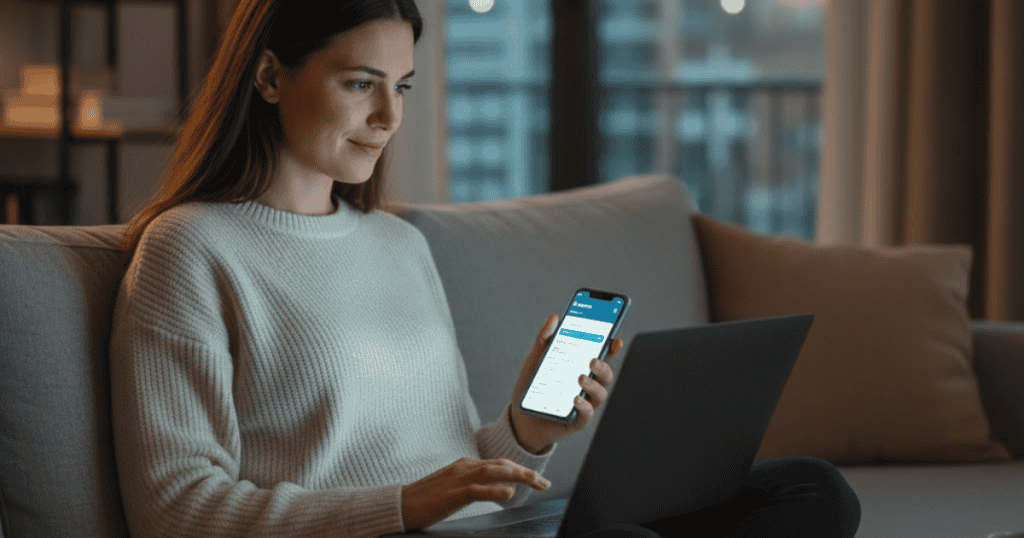 A young woman sits on a couch using a laptop while holding a smartphone with an app visible; she is maintaining personal space and discretion about her resources.
