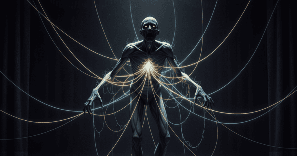 A gaunt, grey figure on a dark stage is illuminated by many glowing threads that connect to its chest and limbs. The figure appears dependent on external forces for its vitality.