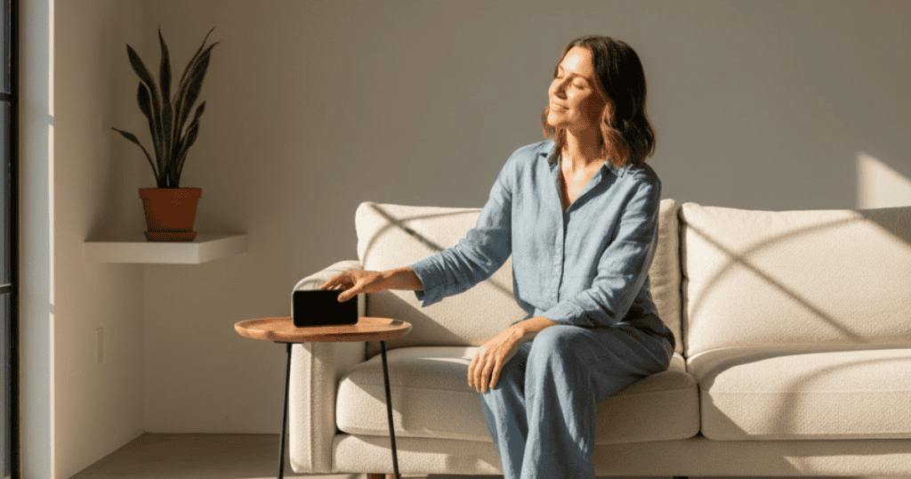 A woman is sitting on a couch and gently pushing away a phone on a side table, showing she is setting boundaries around the supply of validation.