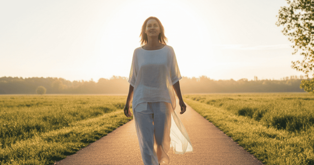 A woman walks confidently down a sunlit path in a field, her open posture embodying the benefit of recognizing your situation.