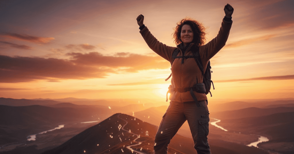 A woman with a backpack raises her fists in triumph on a mountain summit at sunset; she has reached the high point of her personal journey.