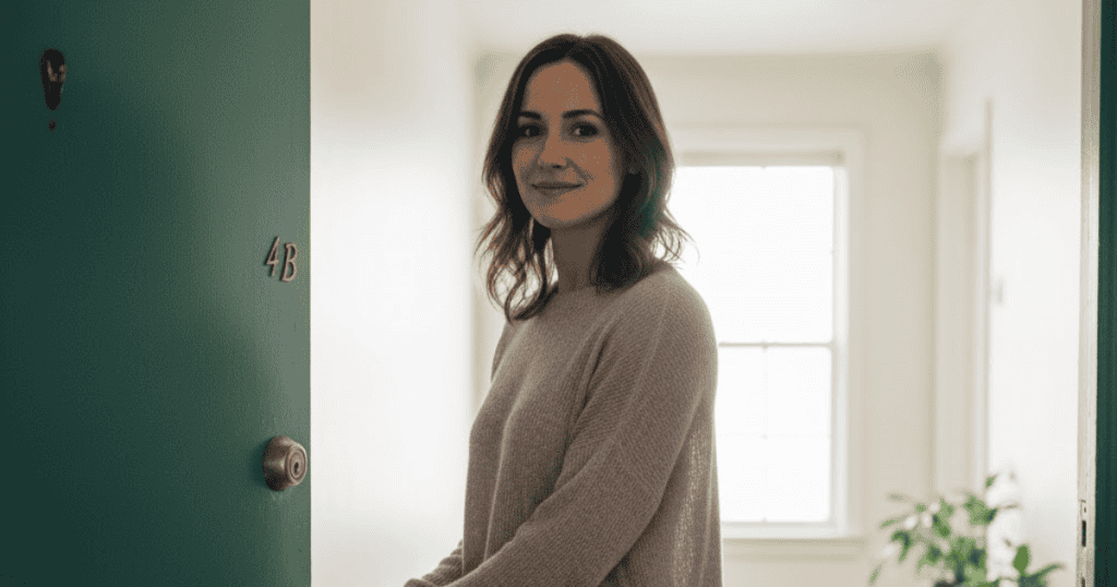 A woman stands smiling warmly by a door with the number 4B on it; she looks comfortable and secure in her personal space.
