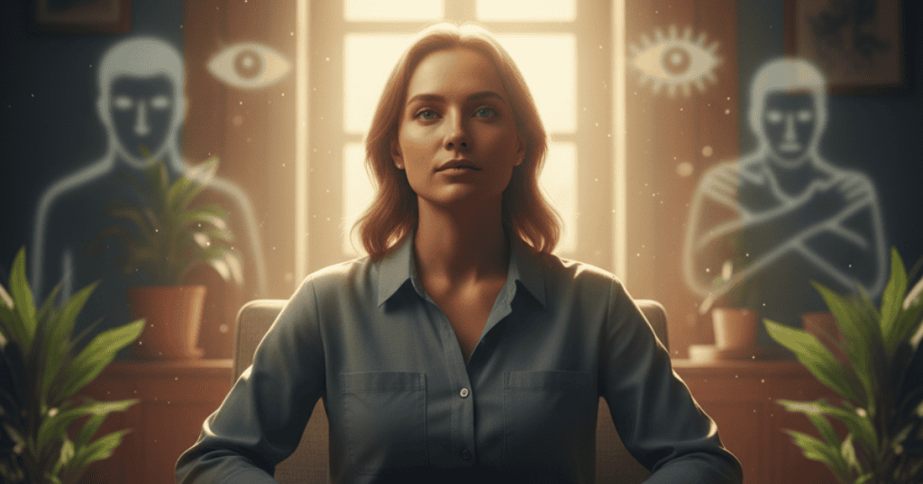 A woman sits calmly and confidently in soft light with symbolic figures behind her, representing the strength it takes to break free from a narcissistโs nonverbal abuse.