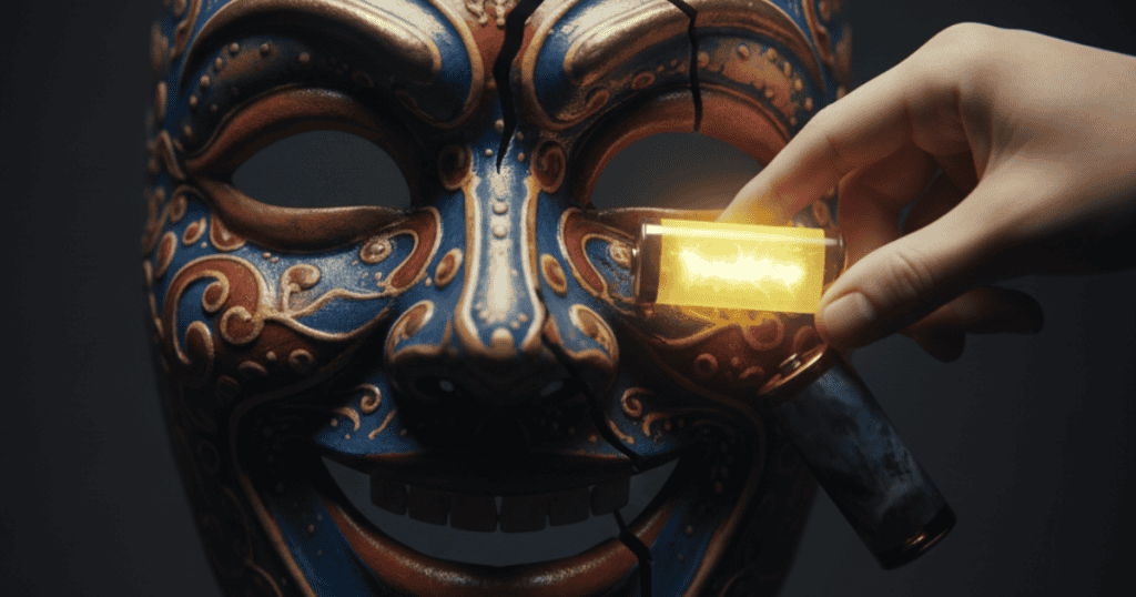 A hand reaches in from the dark to quickly replace a glowing battery in the empty slot of a cracked, brightly painted ceramic mask with a fixed smile. The mask's cheerful facade is maintained through constant, desperate renewal.