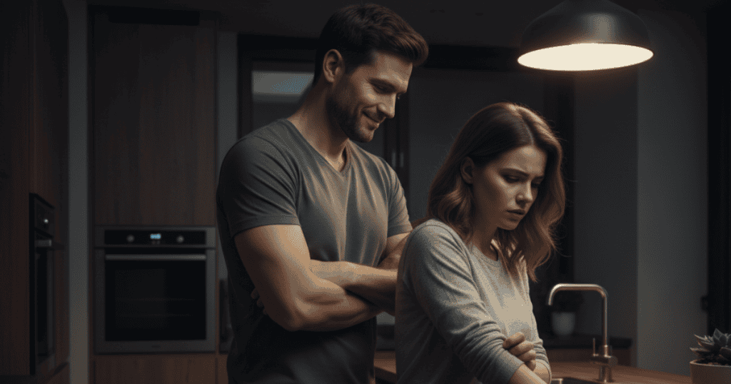 A man stands close behind a visibly uncomfortable woman in a kitchen, demonstrating how a narcissist uses proximity and space to assert control and dominance.