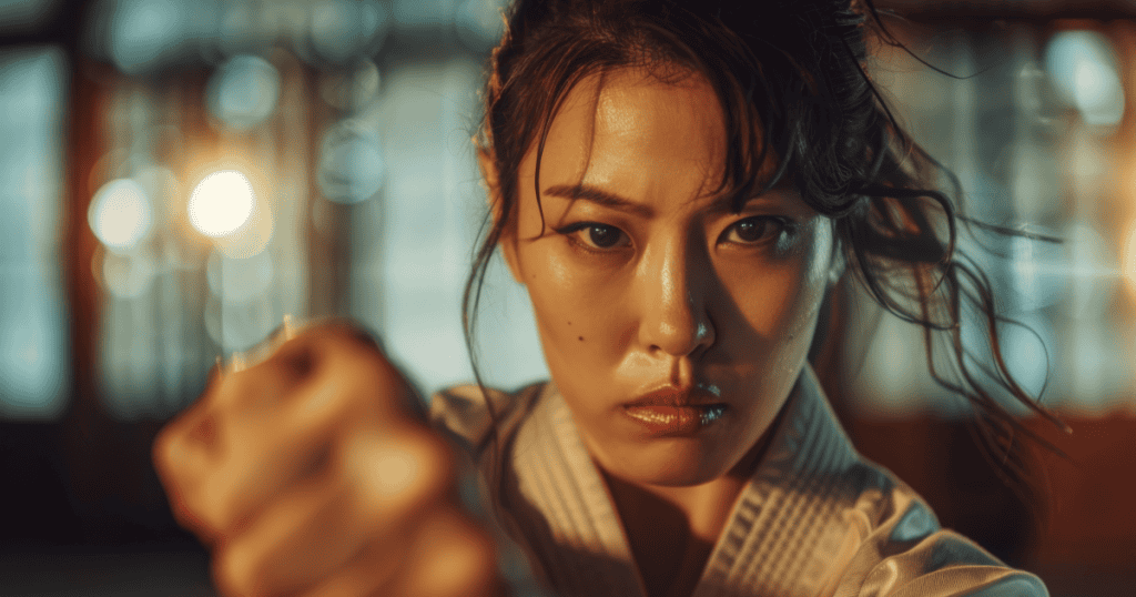 A focused woman in a martial arts stance, representing calm strength and self-control when dealing with a narcissist’s hostility.