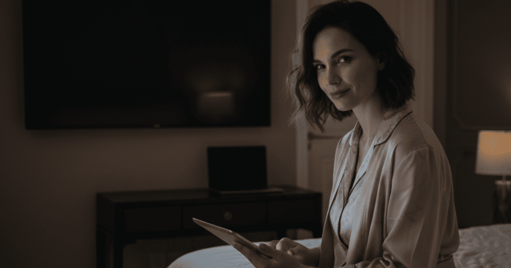 A woman with dark hair in satin pajamas sits on a bed looking over her shoulder while holding a tablet; her calm, strategic demeanor confirms calculated moves always beat a public outcry.