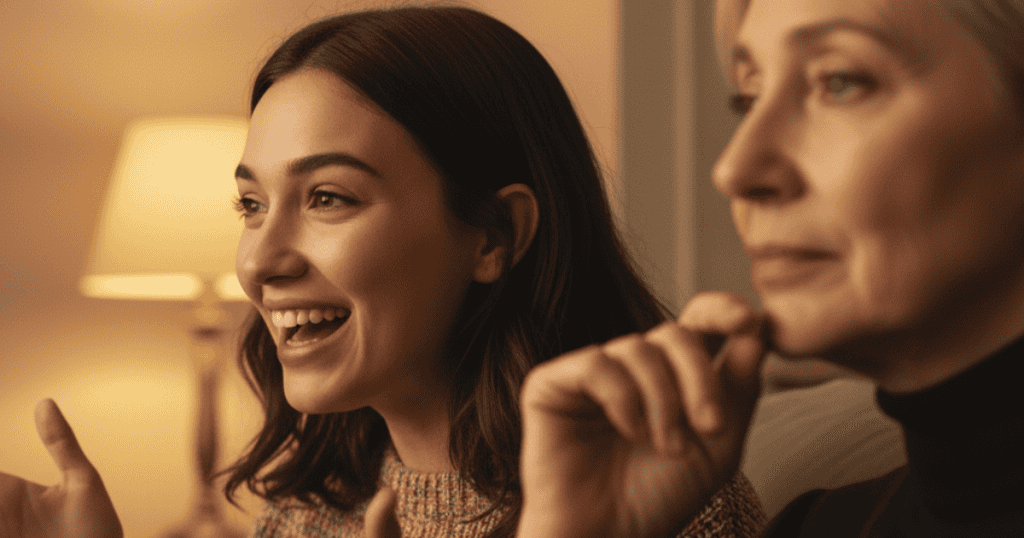 A young woman speaks animatedly while another person watches with a restrained expression, illustrating how a narcissist uses eye-rolling and mocking looks to belittle and control.