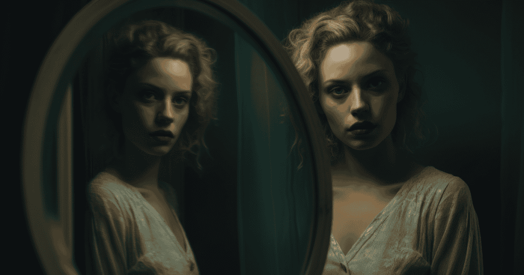 A woman with red lipstick stares intensely into a mirror in a dimly lit room, illustrating fear as the narcissist’s favorite weapon.