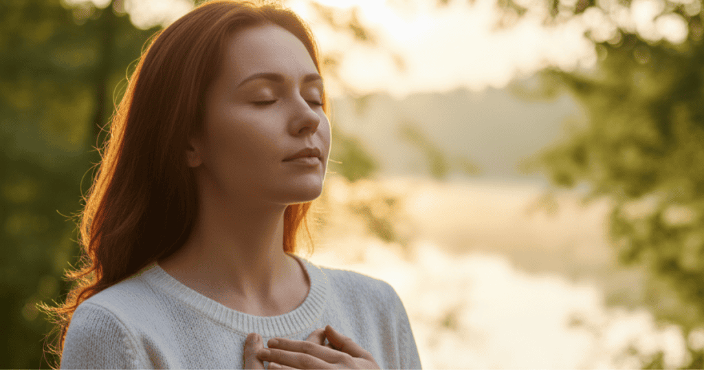 A woman with long red hair stands outside, holding her hands over her chest with her eyes closed, embodying a peaceful shift in internal awareness.
