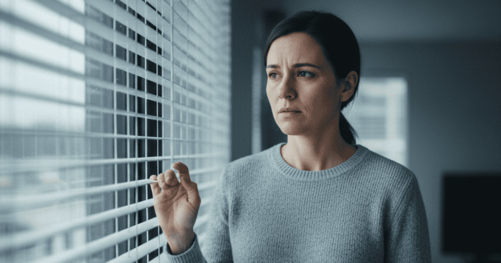 A woman with a worried expression peers through horizontal window blinds, capturing the feeling of being under intense, uncomfortable scrutiny.