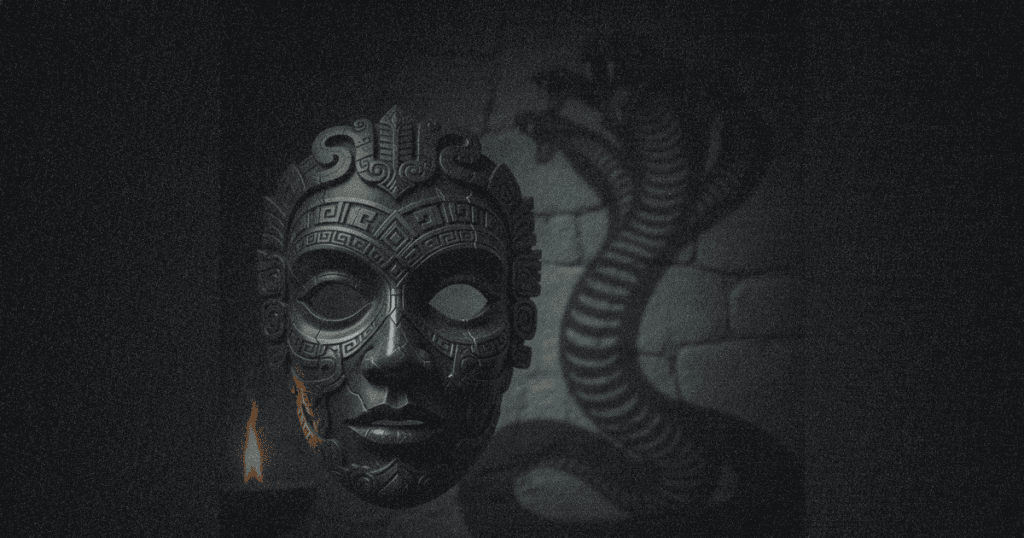 A dark, ornate mask is dimly lit in a shadowy room, with a multi-headed serpentine shadow behind it; this deceptive facade represents the way people with this personality trait can manipulate their own stories.