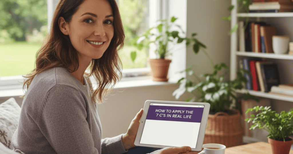 A casually dressed woman is smiling as she holds a tablet, showing text about "The 7 C’s"; her welcoming look suggests this knowledge is easy to integrate into daily life.