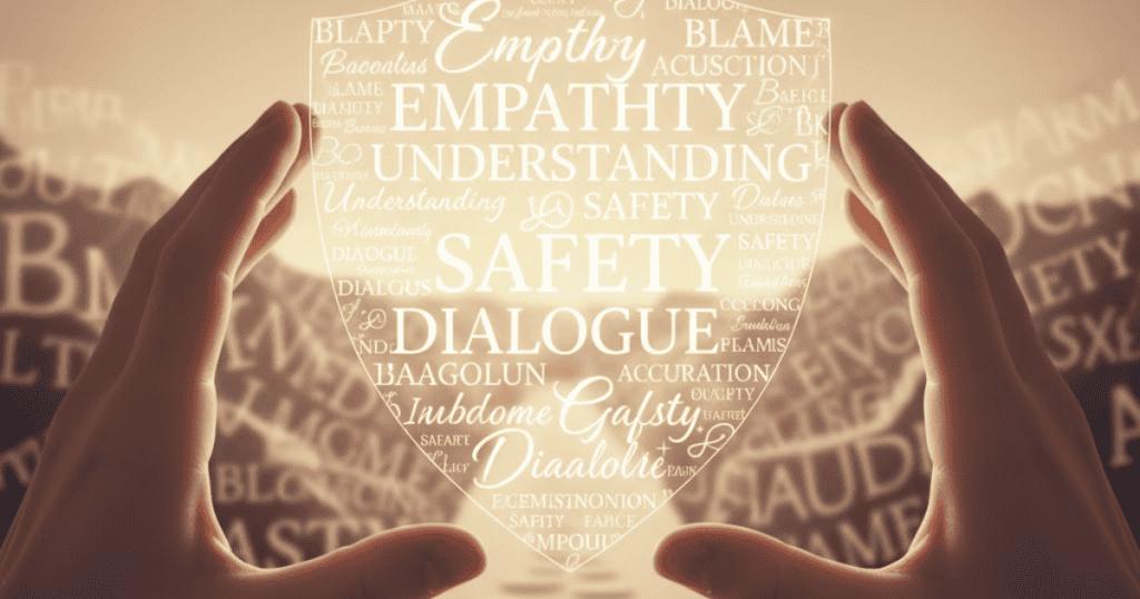 Two hands cradle a glowing shield made of words like "SAFETY," "EMPATHY," and "UNDERSTANDING," representing the search for words that foster well-being instead of being used as evidence.