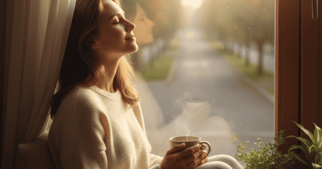 A woman sits by a window with a mug, smiling with her eyes closed, demonstrating how finding a quiet moment honors her inner life.