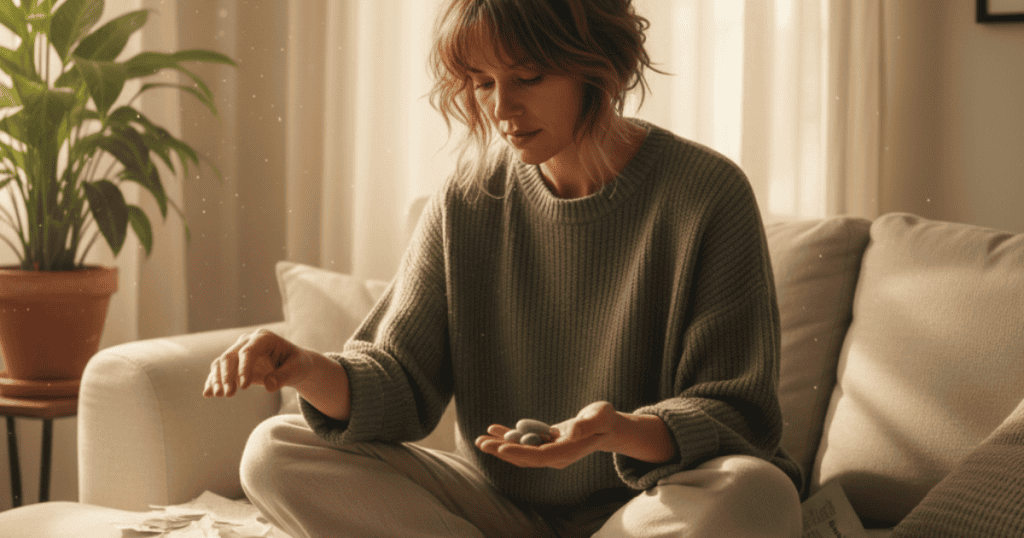 A woman sits on a sofa looking intently at small gray stones in her hands, symbolic of the quiet process of sorting through which burdens are truly hers to hold.