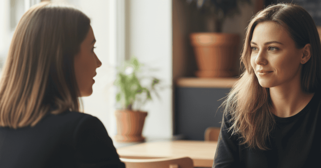 Two people sit at a cafe table mid-conversation, one delivering a calm ironic compliment while the other’s expression looks momentarily unsettled.