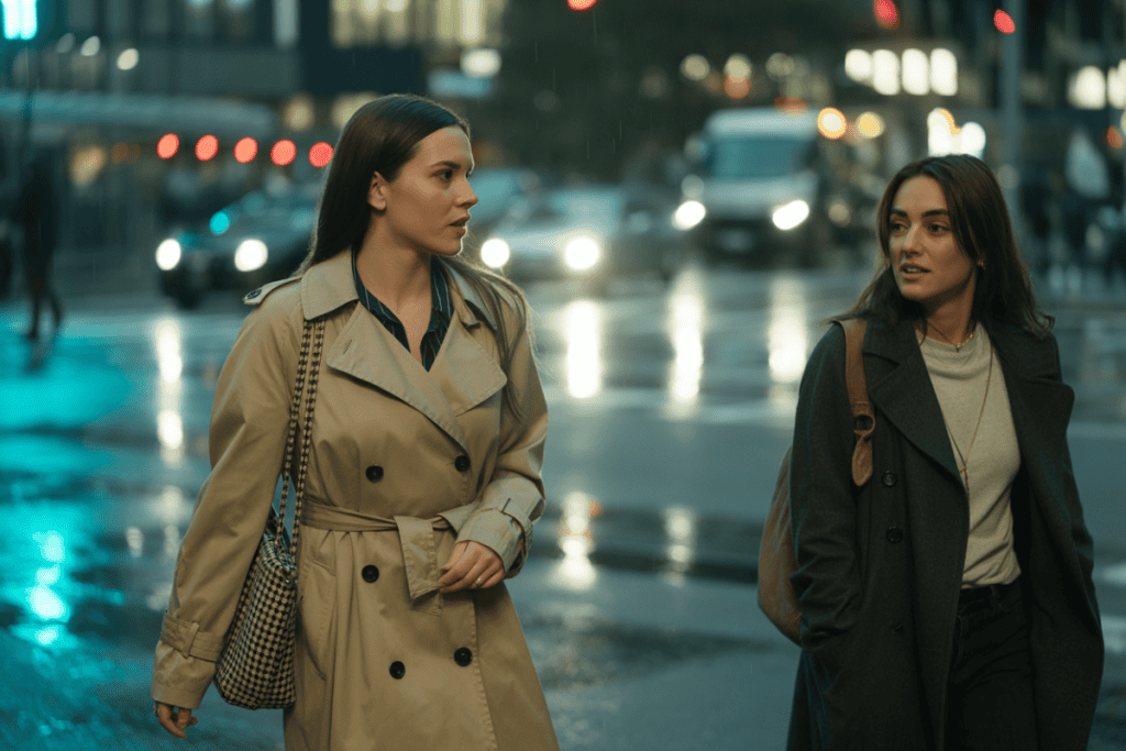 Two women walking and talking briefly on a city street at night, representing calm, minimal interaction when dealing with a narcissist who thrives on conflict.