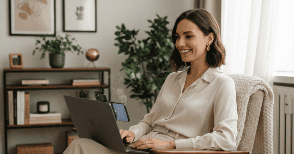 A smiling woman in a neutral-colored shirt sits on a chair with a laptop, camera mounted on the screen; this peaceful environment is perfect for letting your absence deliver the loudest message.