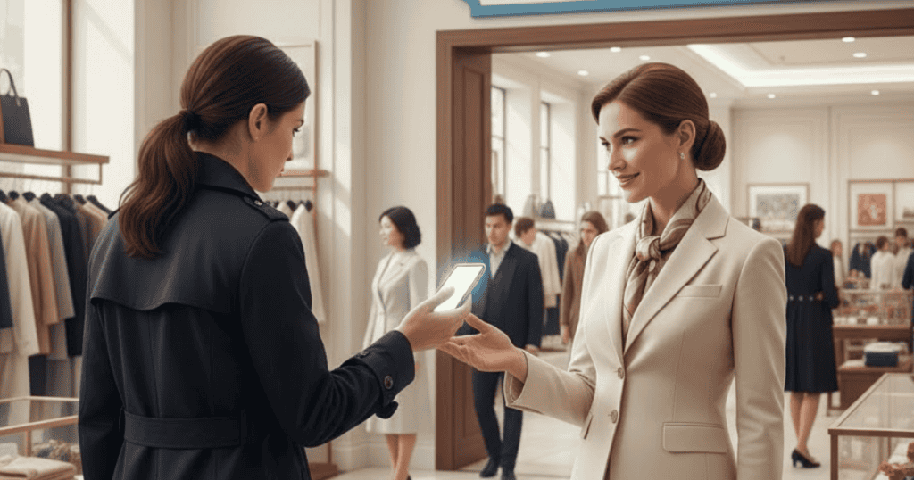 Two professional women are shown in a retail setting, one handing a phone to the other; their interaction symbolizes a dynamic where compliance can fail to satisfy.