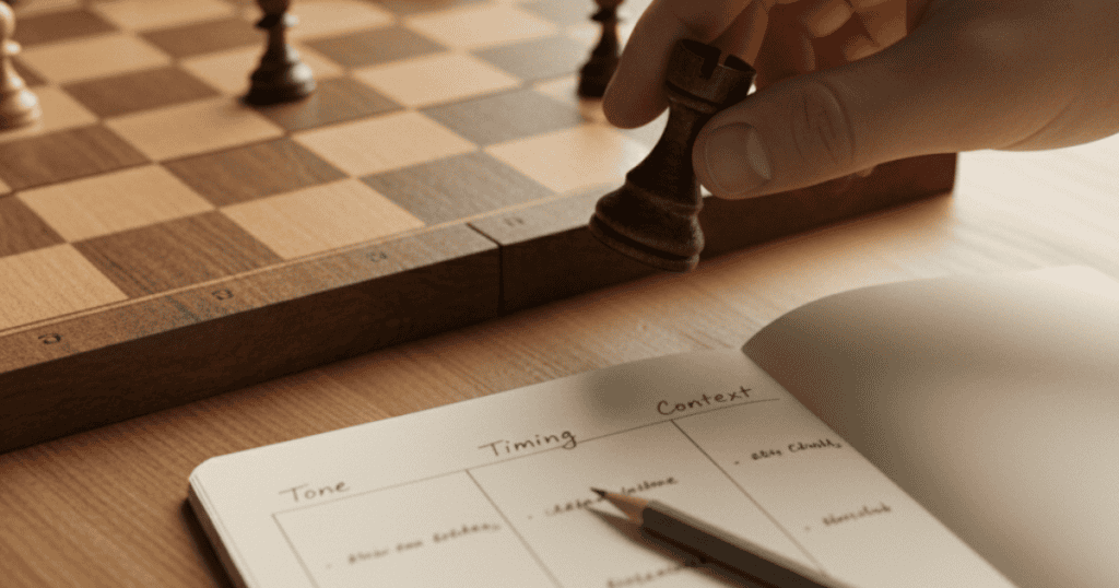 A hand moves a chess piece on a lived-in chessboard, an open notebook beside it shows neatly written columns titled 'Tone / Timing / Context'.