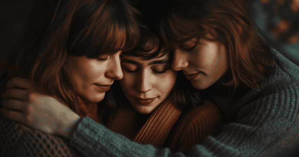 Three people share a gentle, comforting embrace, symbolizing the deep understanding and connection that only fellow survivors truly share.