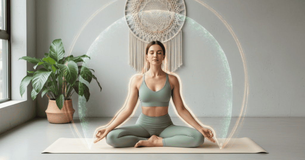 A woman in a meditative pose on a yoga mat has a glowing, protective circle around her, illustrating her choice to remain above the conflict.