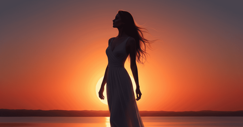 The silhouette of a woman in a flowing dress stands confidently against a vibrant sunset over water; this grounded posture encourages self-reflection as a prerequisite to any major decision or action.