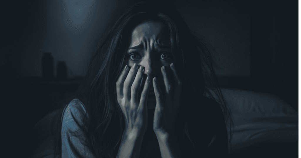 A woman sits in the dark with wide eyes and hands covering her face in fear, representing the need to recognize fear as old wiring.
