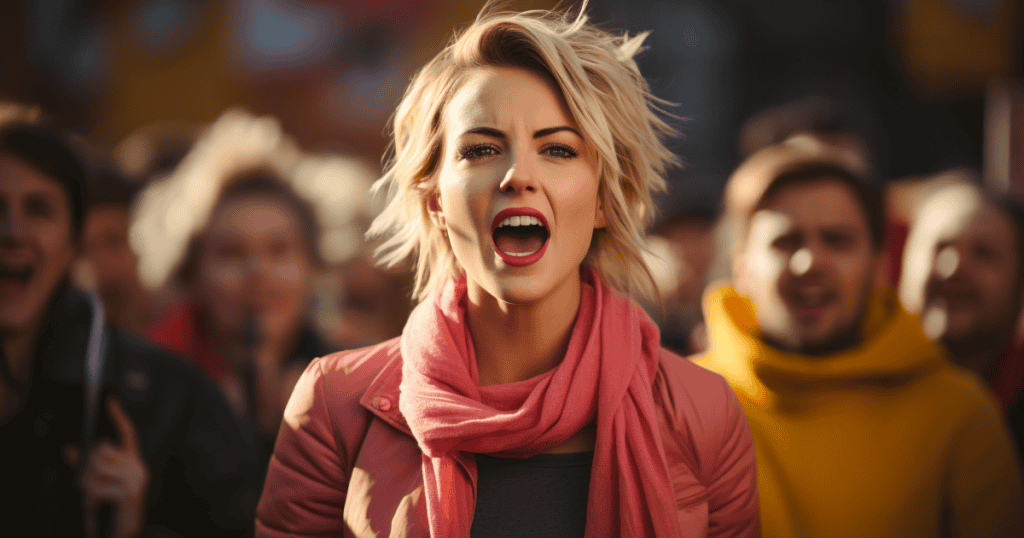 A woman in a crowd shouts with urgency, representing how narcissists treat their reputation as if survival depends on it.