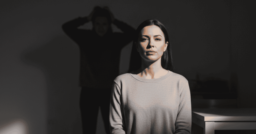 A young woman with a steady, unreadable expression sits in a dimly lit room with the dark, shadowy silhouette of a distressed figure looming behind her; her quiet, direct focus suggests she's deploying a strategy of withdrawing conversational engagement to disarm an aggressor.