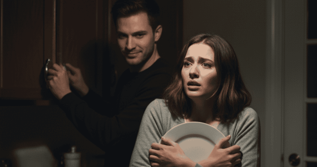A man smirks while forcefully handling a cabinet as a fearful woman clutches a plate, showing how a narcissist uses loud noise and slamming to intimidate and assert control.