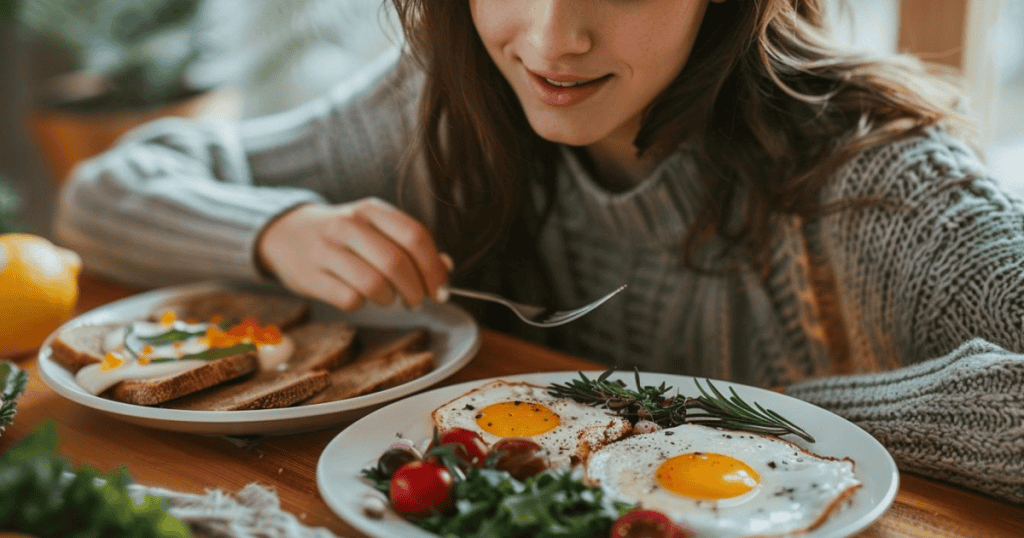 A woman sits at a table enjoying a healthy breakfast of eggs, toast, and greens, representing the habit of starting the day with brain-boosting foods that support focus and mental clarity.