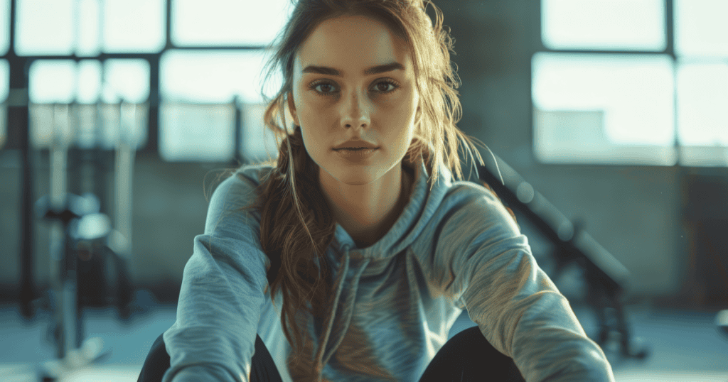 A focused woman in a hoodie sits calmly in a gym, exuding quiet strength and self-assurance, representing confidence without the need for external validation.