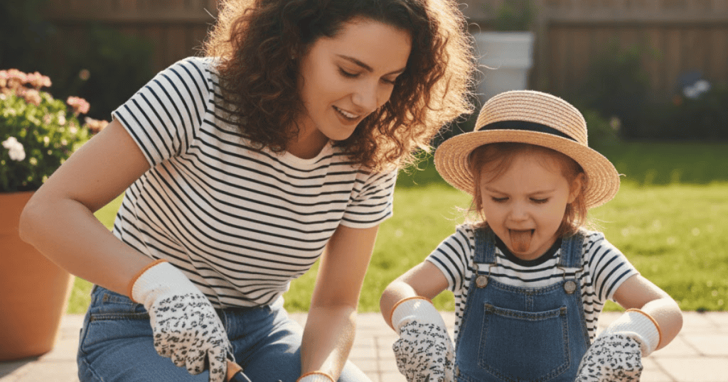 A mother and young daughter wearing gardening gloves are kneeling in a sunny yard, illustrating the early development of personality.
