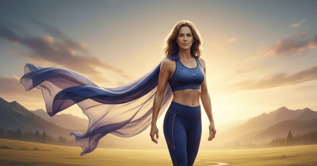 A powerful woman in athletic clothing and a flowing purple cape strides across a grassy field at sunset; her determined posture embodies the strength of a winner's attitude.