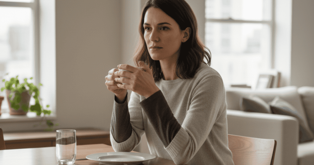 A woman sits at a dining table holding a cup, looking pensive and focused; her intense stillness indicates she is preparing to ask specific, simple queries.
