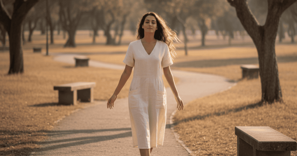 A woman in a light dress walks with purpose down a tree-lined path in a park, representing the freedom gained from leaving certain emotional weights behind you.
