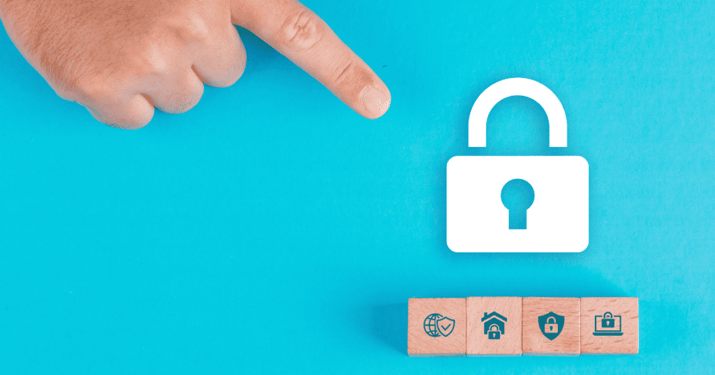 A hand points toward a padlock icon above wooden blocks with security symbols, representing the access boundary.