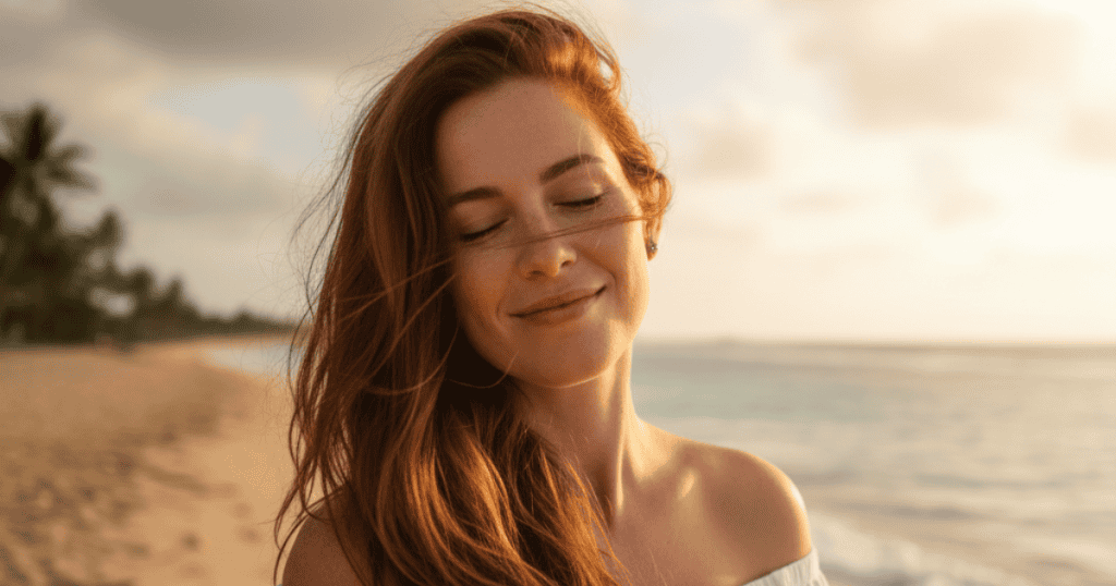 A red-haired woman with closed eyes smiles on a sunny beach, suggesting a peaceful connection with her surroundings.