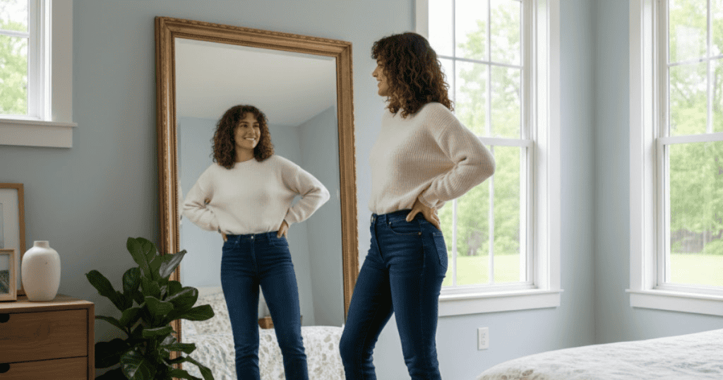 A smiling woman stands admiring her reflection in a large mirror in a bright room; it starts with a profound fixation on the self.
