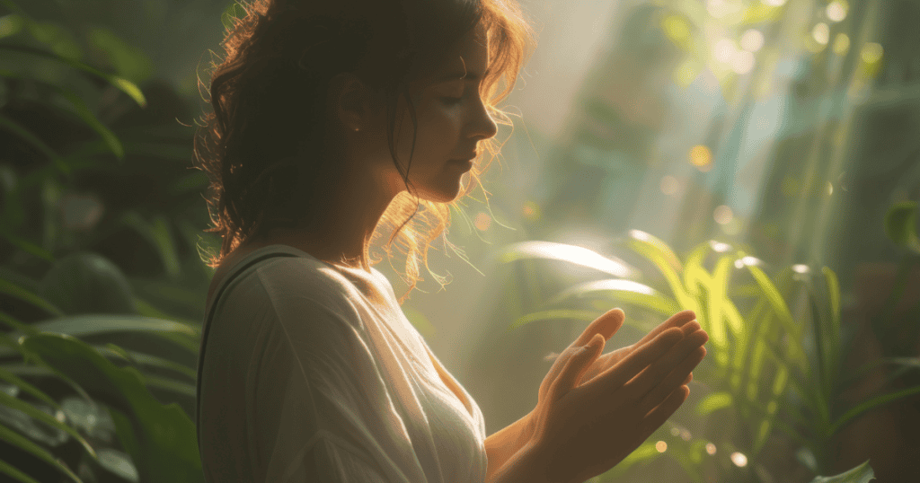 A woman stands calmly with eyes closed and hands together in sunlight, representing reclaiming mental clarity after narcissistic abuse.