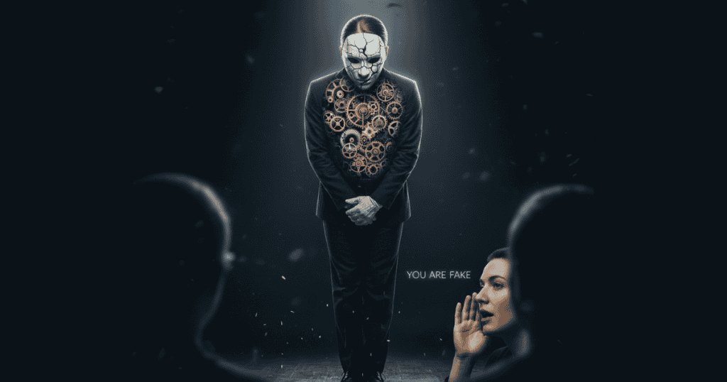 A polished performer’s theatrical mask cracks mid-applause, mechanical gears in it freezing as the audience whispers the phrase.