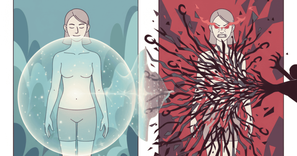 A two-panel illustration shows a serene person inside a glowing, protective sphere next to an angry person being torn by black, jagged tendrils; this contrasting image represents the internal outcomes of choosing protection over aggression.