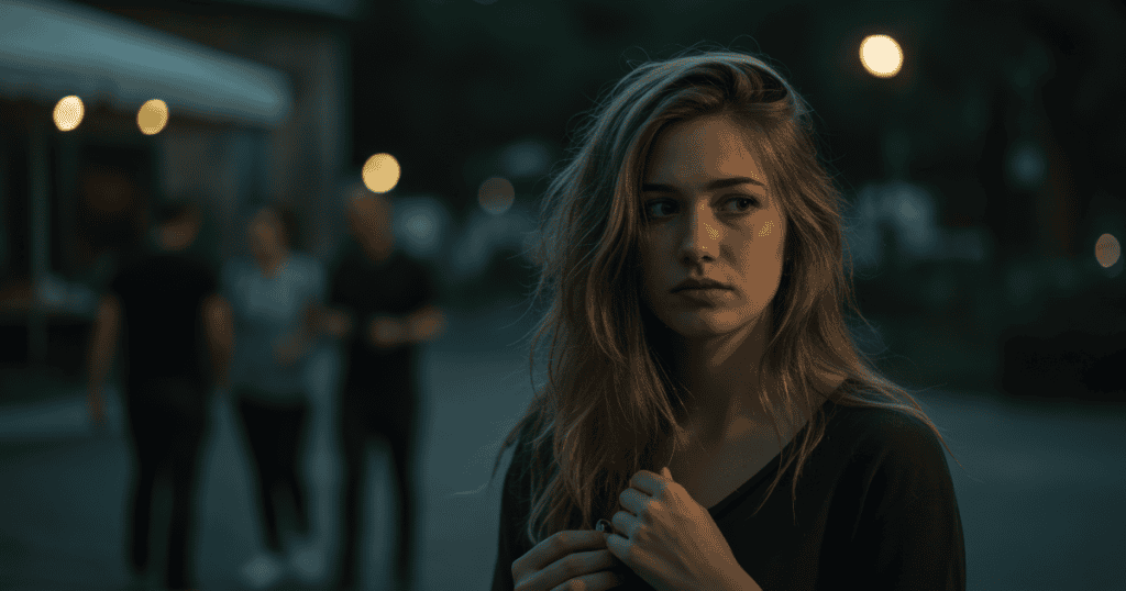 A woman stands alone at dusk looking uneasy and withdrawn, capturing the emotional exhaustion of living cautiously after enduring narcissistic abuse.