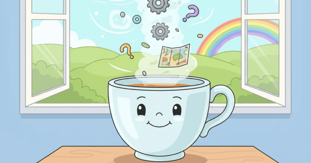 A smiling cartoon teacup on a table is filling with question marks and gears floating in through an open window; the scene represents the necessity of clearing your mind to receive new understanding.