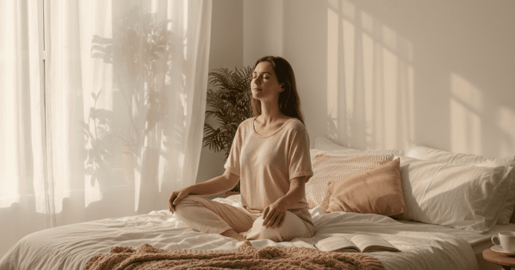 A woman sits peacefully cross-legged on a bed in a sunlit room with her eyes closed, illustrating the peace that comes from inner quiet.