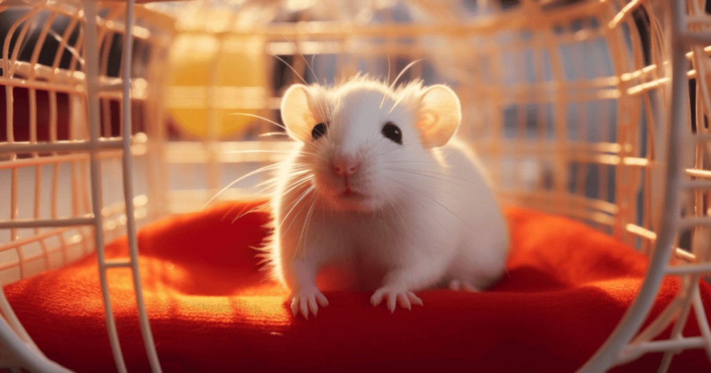 A white hamster sits on a red cushion inside a cage, representing the endless hamster wheel of betrayal.
